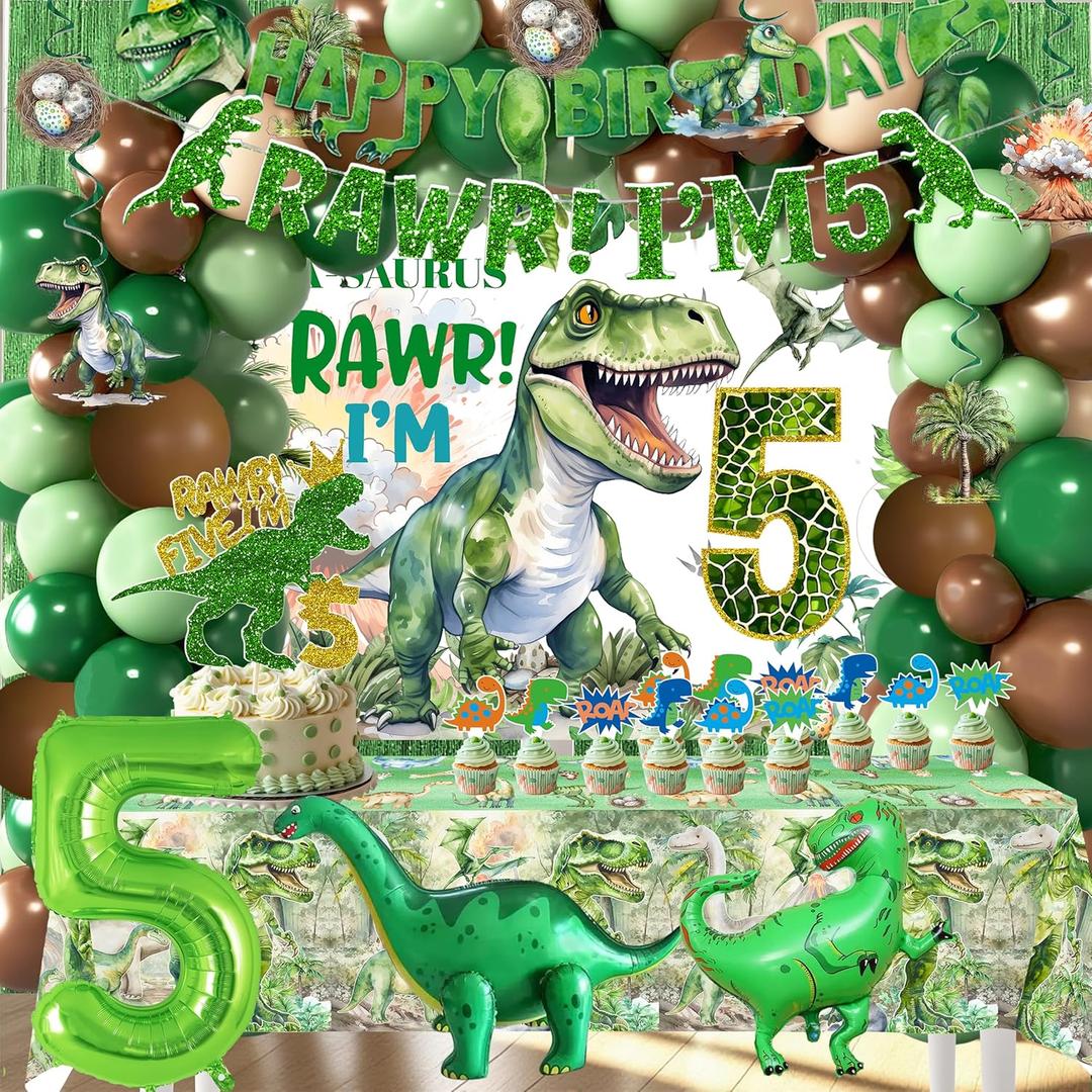 Dinosaur Boys 5th Birthday Dino Jurassic Party Supplies: Banner, Backdrop, Tablecloth, Cake Toppers, Balloons