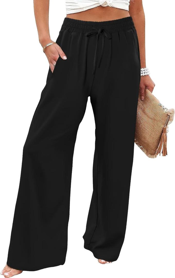 JZC Womens Summer Palazzo Pants Elastic Waist Casual Wide Leg Pants Beach Flowy Boho Trousers with Pockets (XX-Large)