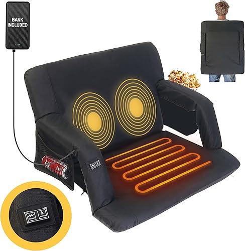 Heated Massage Stadium Seat, 3 Level Heating and Massage 25 Inch Bleacher Chair, Portable Folding Seat with 10,000 mAh Mobile Power Supply for Indoor Stadiums and Baseball Stadiums
