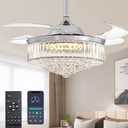 Moooni Modern 42 Inches Dimmable Fandelier Crystal Retractable Ceiling Fans with Light and Remote, Invisible LED Crystal Chandelier Fan for Bedroom-Polished Chrome