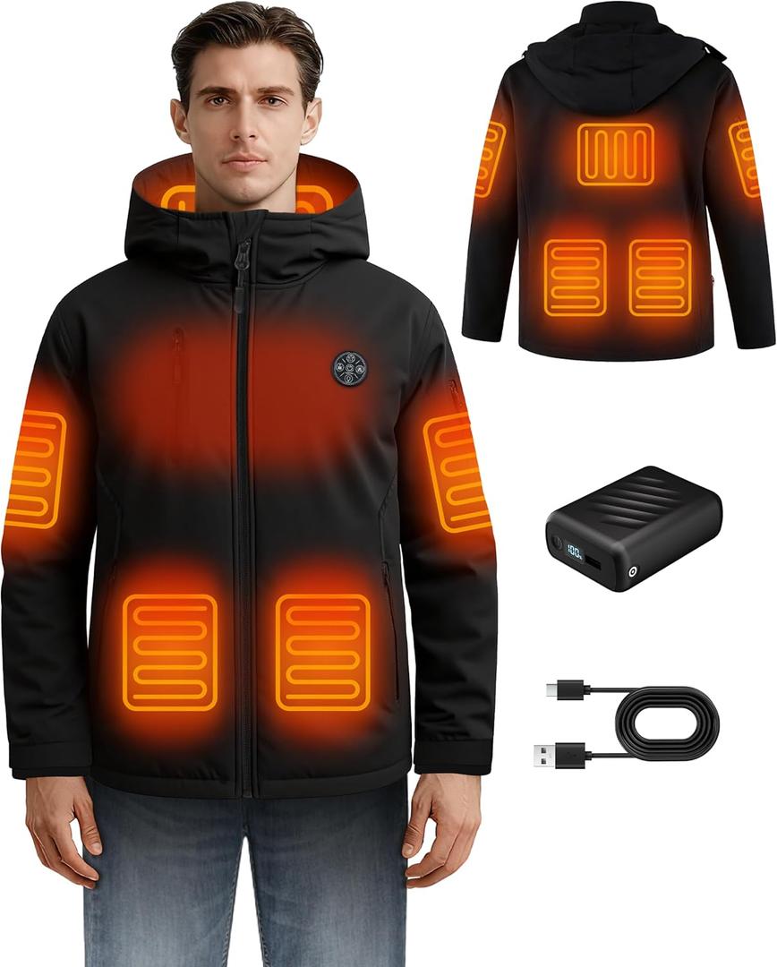 Mens Heated Jacket with App Control, 20000mAh Battery Pack, 8 Heating Zones Electric Heated Coat (Large)