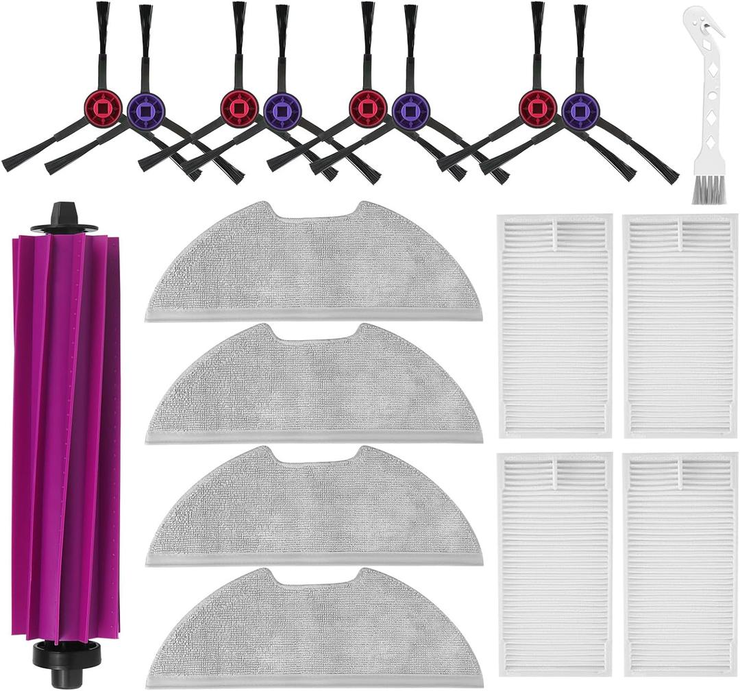18 Pack E10s Accessories Kit Replacement Compatible with Eureka E10S / E20 Plus Robot Vacuum Cleaner, 1 Main Roller Brushes, 8 Side Brushes, 4 Hepa Filters, 4 Mop Pads,1 Cleaning Brush