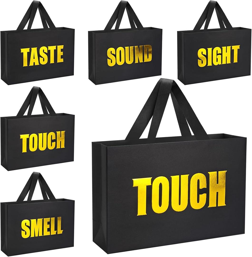 Xloey Five Senses Gift Bags for Him, 12.6" Valentine's Day Gift Bag with Ribbon Handles, 5 Senses Black Kraft Paper Bags with Word, for Valentine's Day, Birthday, Wedding, Party