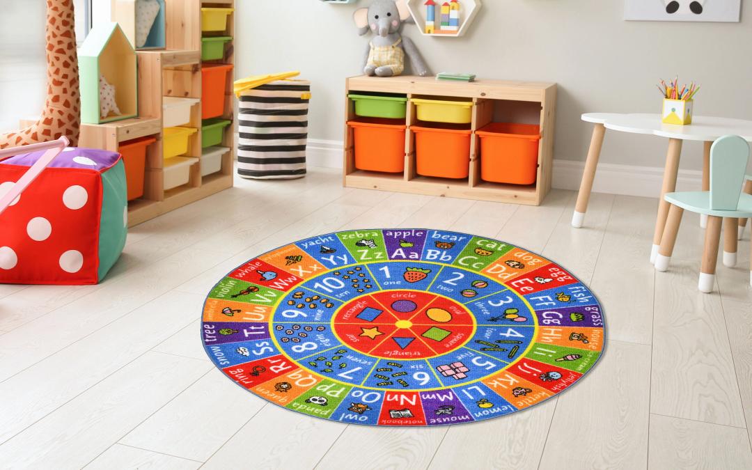 Round Baby Play Mat for Floor, ABC Alphabet, Numbers and Shapes Educational Area Rugs for Kids Toddlers Infant, Non-Slip Circle Nursery Rug Carpet for Children Bedroom Classroom Playroom
