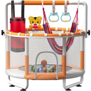 55" Kids Indoor Trampoline with Safety Net, Adjustable Gymnastics Bar & Toys  Indoor/Outdoor Toddler Play Gym for Boys & Girls Ages 3+, Birthday Gifts (White (Powder-Coated))