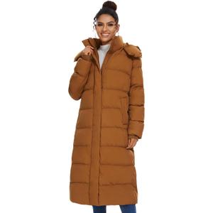 ROYAL MATRIX Women's Long Quilted Puffer Coat, Winter Warm Maxi Puffer Jacket with Detachable Hood (Large, Brown)