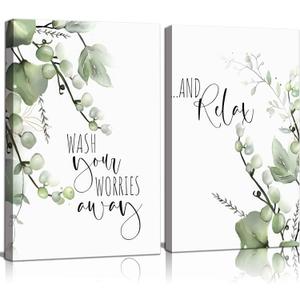 2 Pcs Botanical Canvas Wall Art Green Eucalyptus Leaves Picture Wall Decor Plant Watercolor Bathroom Poster Print for Toilet Laundry Clean Room Home Decoration