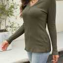 Women's V Neck Waffle Knit Henley Tops Casual Long Sleeve Pullover Sweater Blouses (S)