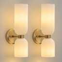 Mid Century Bathroom Wall Sconce - Set of 2 Modern Brushed Gold Brass Sconces - Frosted Milk White Glass Indoor Dimmable Lighting Fixture with Bulb - Double Vanity Lights for Bedroom Living Room Decor
