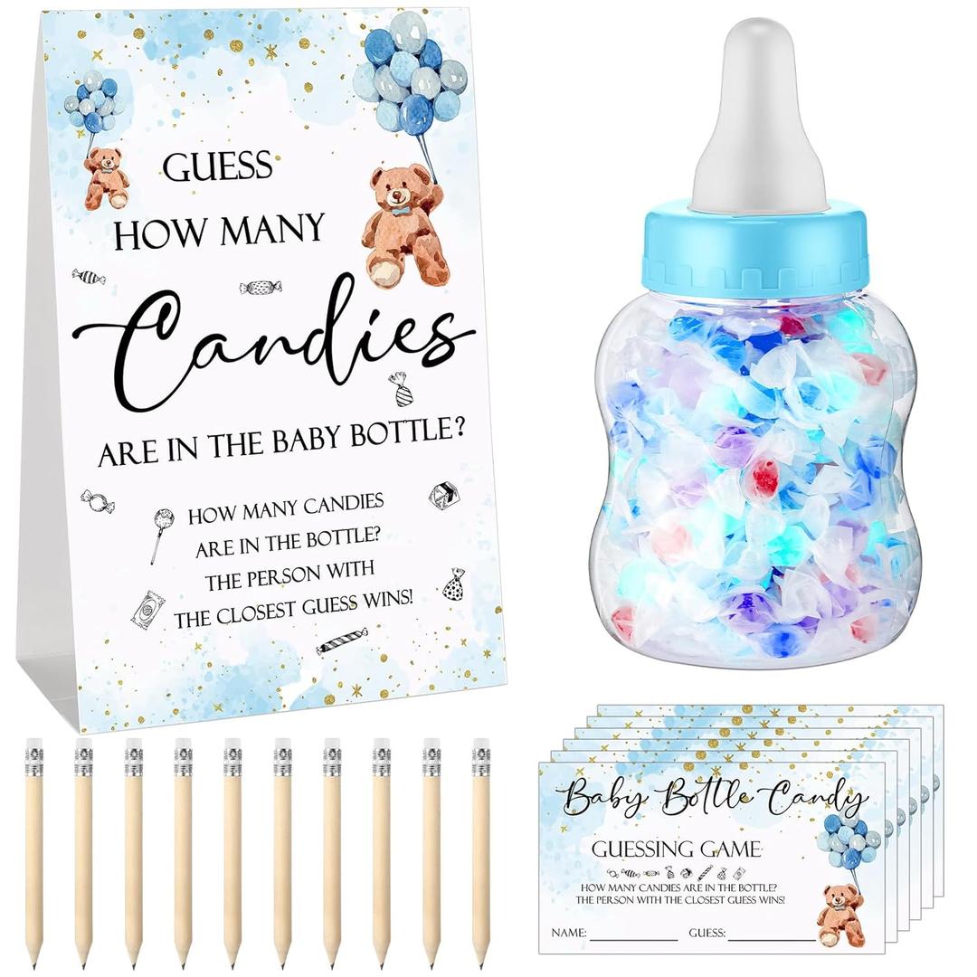 Roowest 62 Pcs Baby Shower Games Guess How Many Candies are in The Jar Sign 50 Small Guessing Games 10 HB Pencils and 1000 ml Milk Bottle for Baby Shower Gender Reveal Party(Blue,Bear)