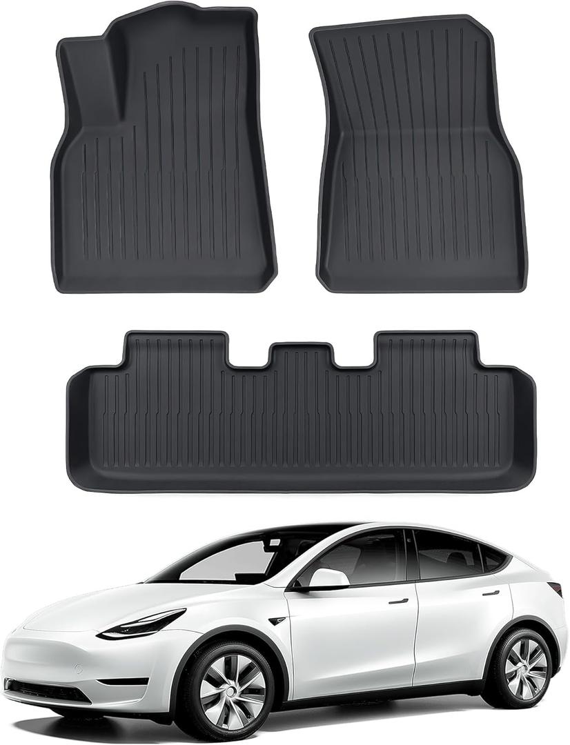 Tesla Model Y Floor Mats, TPE Eco-Friendly Heavy Duty 1st & 2nd Row Foot Mats for 2017-2023 Tesla Model Y(Set of 3)