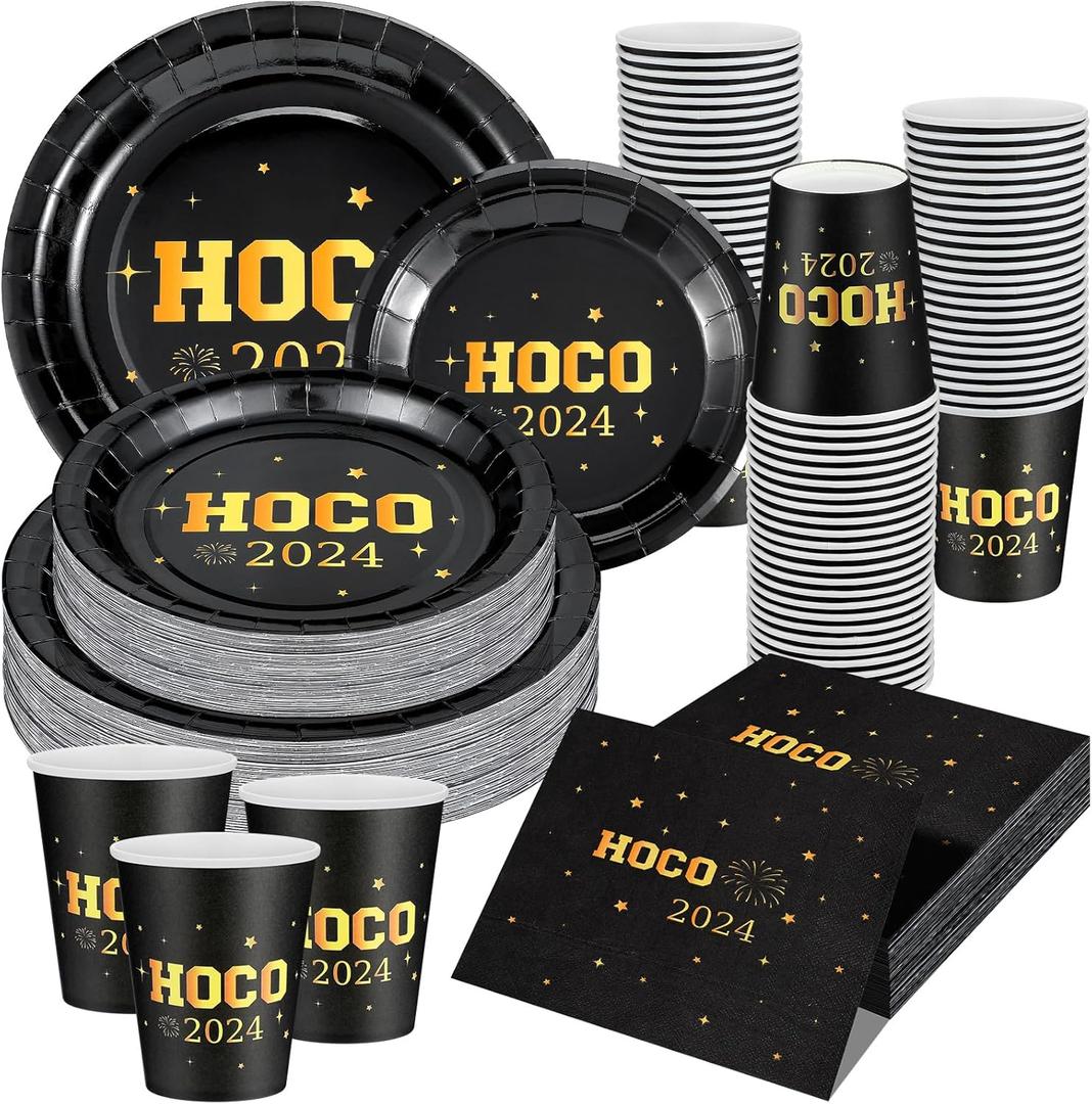 200 Pcs HOCO Party Supplies Homecoming decorations 2024 Plates and Napkins Set Black Gold 2024 HOCO Tableware Serve 50 Guest Homecoming Disposable Dinnerware for School Celebration Supplies