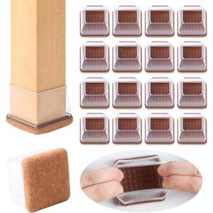 Ezprotekt 24 Pcs XL Square Clear Chair Leg Floor Protectors, Silicone Felt Furniture Pads Caps for Hardwood Floor, Dining Table Bar Stool Leg Protectors Leg Cups Covers (XL Fit: 1.5"-2")