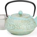 Juvale Teal Floral Cast Iron Teapot Kettle with Stainless Steel Loose Leaf Infuser (34 oz)