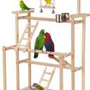 Pet Parrot Playstand Parrots Bird Playground Bird Play Stand Wood Perch Gym Playpen Ladder with Feeder Cups Bells for Cockatiel Parakeet (3 Layers)
