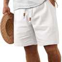 ZKMAN Mens Linen Shorts Casual Classic Drawstring Elastic Waist Pocket Summer Beach Shorts (White, XXL)