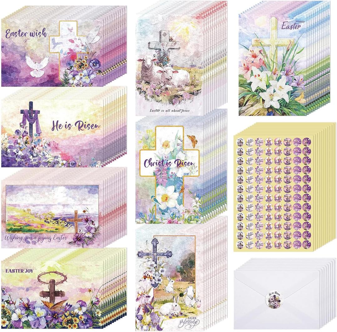 Eersida 240 Sets Religious Easter Cards Bulk with Envelopes Bible Verse He Is Risen for Spring Celebrations 4 x 6'' Jesus Inspiring Bible Message Easter Cards with White Envelopes and Stickers