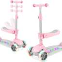 Kids Scooter with Seat, 2 in 1 Kick Toddler Scooter with LED Light-Up Wheels and Light up Deck, 4 Adjustable Heights, Lean to Steer, 3 Wheels Scooter Suitable for Boys & Girls Ages 2-8 Years