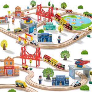 Tiny Land 110PCS Wooden Train Set Toy Train with Tracks for Kids Ages 3-7, Compatible with Major Brands, Ideal Railway Playset for Boys and Girls, Great Birthday