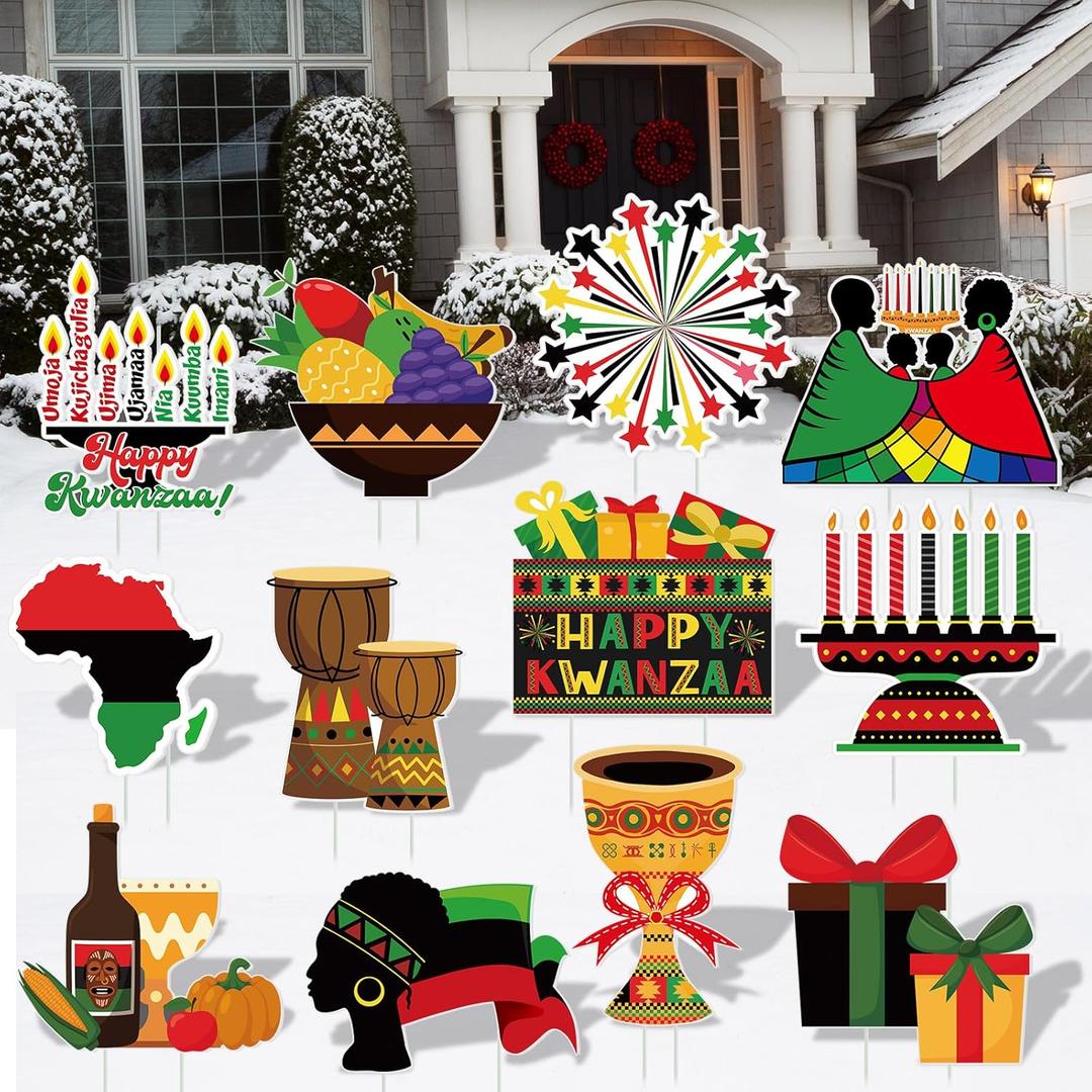 Xuhal 12 Pcs Kwanzaa Holiday Yard Signs Plastic African Heritage Themed Lawn Signs with Stakes Waterproof Outdoor Sign Kwanzaa Decorations for Kwanzaa Themed Party Outdoor Ornaments