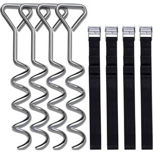 Trampoline Stakes, Corkscrew Shape Trampoline Anchor kit Steel Spiral Stakes, Heavy Duty Trampoline Parts Tie Down Kit Ground Wind Stake with Belt Straps for Trampolines Tents Swing Set of Four