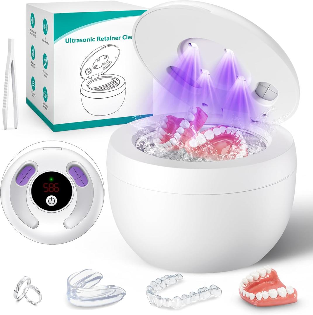 Upgraded Ultrasonic Retainer Cleaner Machine, 45kHz Ultrasonic Dentures Cleaner for Night Guards, Braces, Aligner, Toothbrush, Jewelry and More, 4 UV Lights, 200ML Capacity (White)