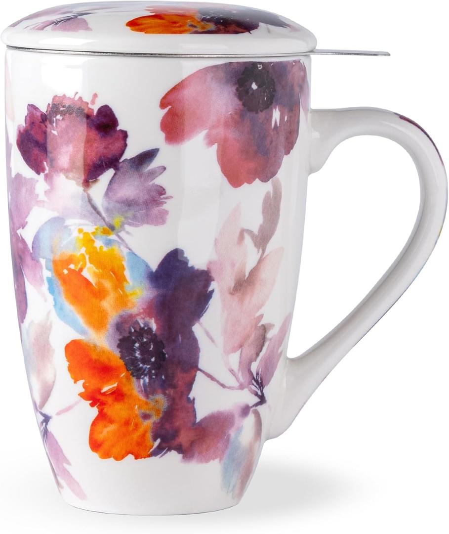 AmorArc Porcelain Tea Mug with Infuser and Lid, 18 Oz Tea Cup with Handle for Loose Leaf Tea, Gift for Tea Lovers of Men and Women (Anemone)