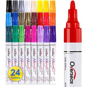Overseas Paint Marker Pens - 24 Colors Permanent Oil Based Markers, Medium Tip, Quick Dry and Waterproof Assorted Color Paint Pen for Metal, Wood, Plastic, Stone, Mugs, Canvas, Glass, Art Craft (1 Count (Pack of 24))