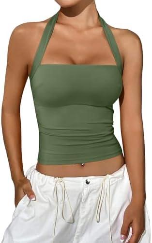REORIA Women's Halter Going Out Tops 2025 Summer Y2K Shirts Sleeveless Sexy Crop Tank Top Y2k Outfits size M