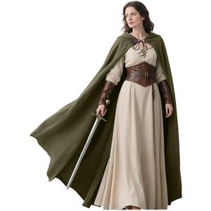 L'VOW Medieval Hooded Cloak Linen Renaissance Cape with Hood - Halloween Hobbit Cosplay Witch Wizard LARP (Green)