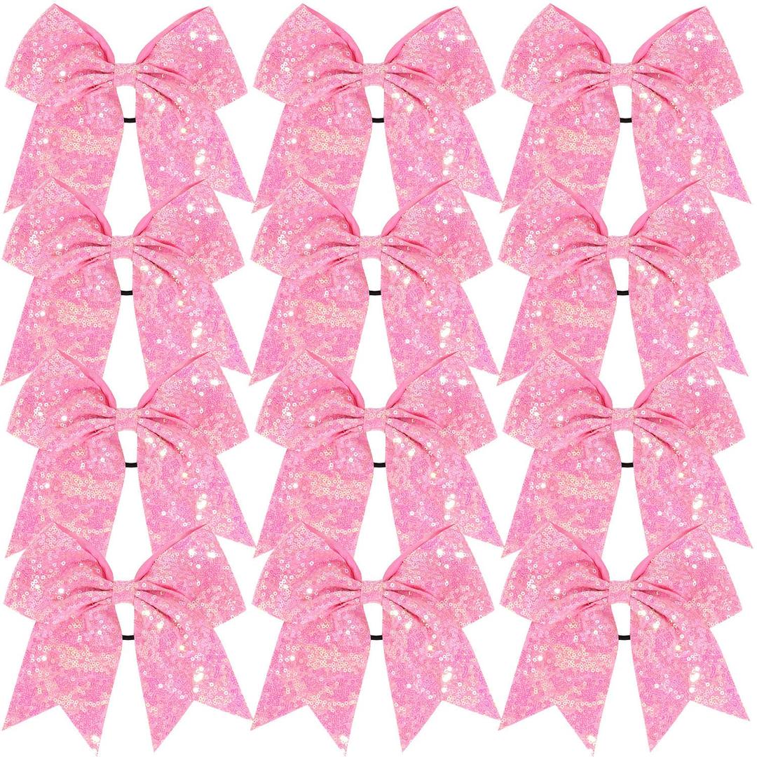 12 Pcs Large Glitter Ponytail Holders - Big 8" Hair Bows and Elastic Hair Ties for Cheerleaders, Sports and Teens (Pink)