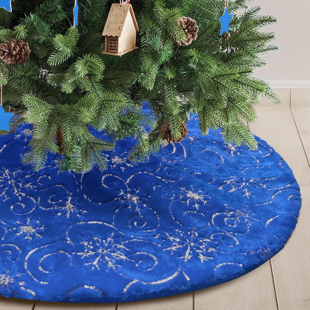 Blue Plush Christmas Tree Skirt 36 inches Fur Christmas Tree Skirt with Silver Sequin Snowflakes Xmas Tree Skirt Mat for New Year Christmas Holiday Decorations - 78cm