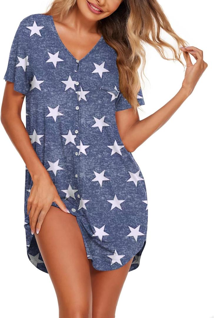 Ekouaer Button Down Nightgowns for Women Short Sleeve Nightshirt V Neck Sleepshirt for Sleeping Boyfriend Pj Dress S-2XL (S)