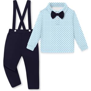 YALLET Toddler Baby Boy Clothes Polo Neck Long Sleeve Tops with Removable Bowtie + Overalls Fall Winter Outfits Set 1-5T (18-24 Months, Blue/Navy Blue)