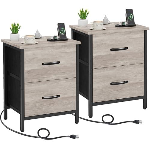 Vagusicc Nightstand Set of 2 with Charging Station, End Table Bedside Table with Power Outlet & USB Ports, Side Table with 2 Fabric Drawers for Bedroom, Living Room, Greige