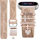 Wildflower Engraved Bands Compatible with Fitbit Sense 2, Versa 4/3, Sense Band with Charms, Soft Silicone Replacement Wristbands Strap with Cute Decorative Rings Accessories for Women