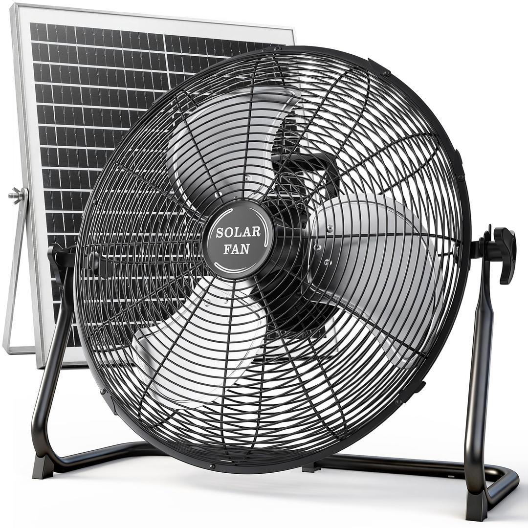 15'' Solar Powered Fan with Solar Panel, Portable Solar Operated Outdoor Floor Fan for Camping, Home, Patio, Worksite - Stepless Speed, Metal Construction and Aluminum Blades