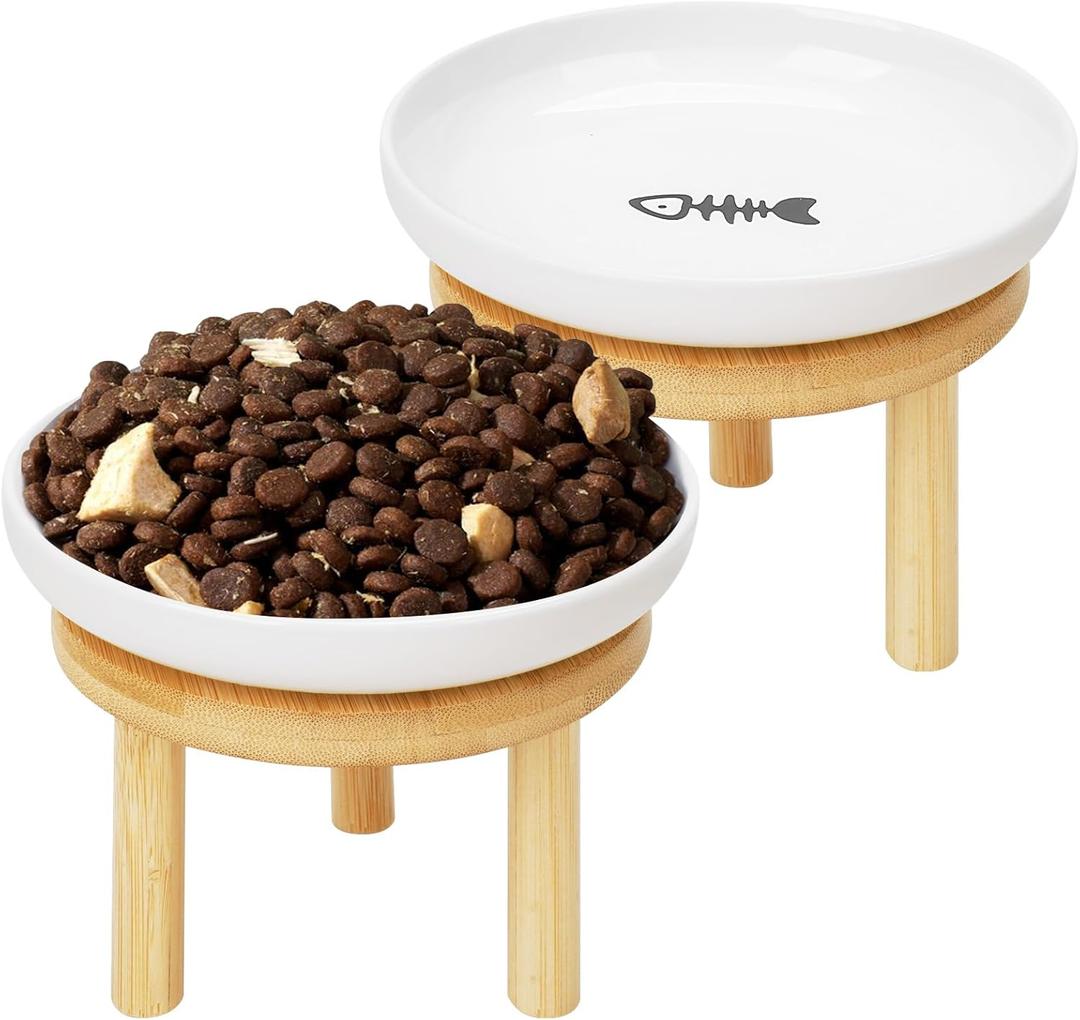 Shallow Elevated Cat Bowls with Bamboo Stand, 5.9 Inch Wide Ceramic Cat Dish Whisker Friendly, 2 Pack Pet Food and Water Plates