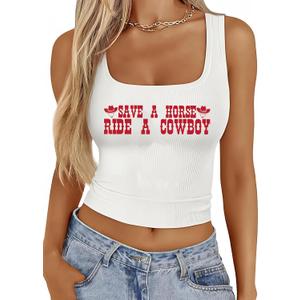 Cowgirl Tank Tops for Women Western Rodeo Crop Tops Cowboy Country Concert Sleeveless Graphic Tees (Medium, White Font)