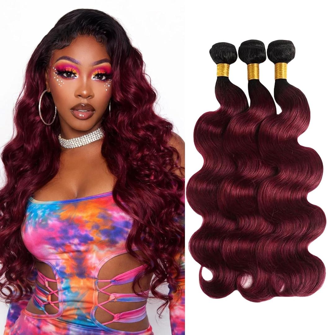 Body Wave Human Hair Bundles 1B99J Burgundy 24 26 28 Inch Body Wave Bundle Human Virgin Remy Hair 3 Bundles Soft Silky Hair Extensions Weave No Tangle for Black Women (T1B/99J Ombre Burgundy BD)