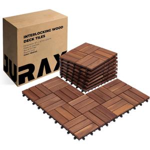 Premium Solid Wood Interlocking Deck Tiles, 10 PCs 12x12 Snap Together Patio Flooring for Outdoor, Balcony, Porch, Poolside, Waterproof All Weather (Walnut)
