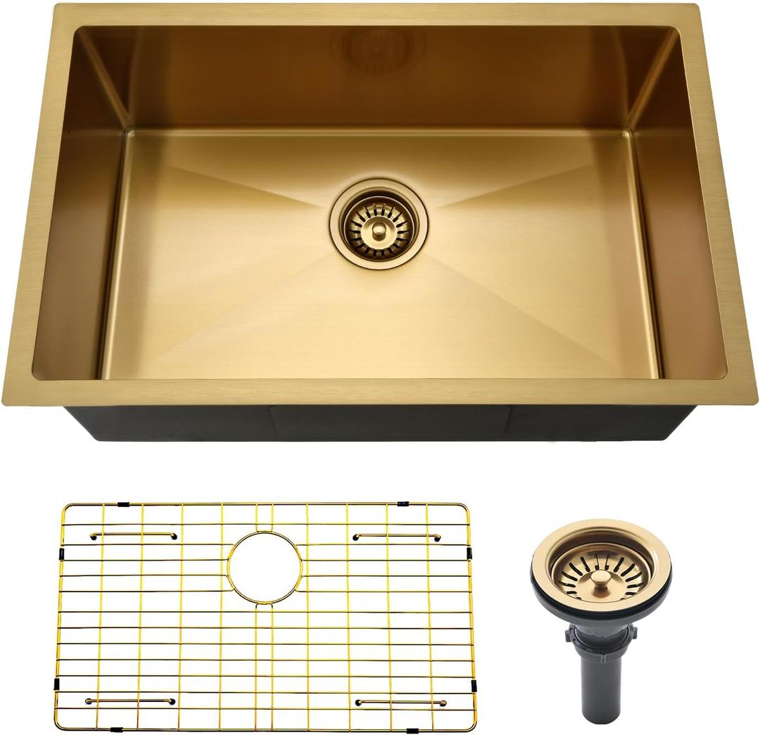 27 inch Undermount Kitchen Sink Gold, Jshozzy 27x16 Stainless Steel Sink Undermount 16 Gauge Single Bowl Under Counter Gold Kitchen Sink Deep