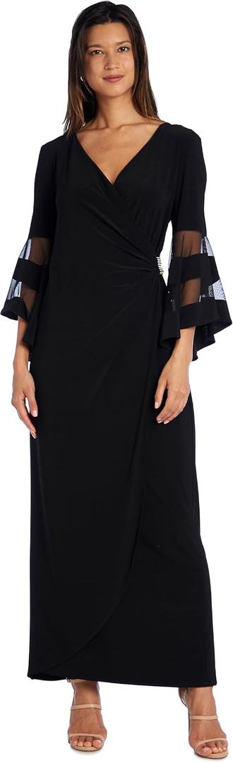 Elegant Long Wrap Dress W/Sheer Angel Sleeves & Side Ruched Waist - Slip On Evening Maxi Gown