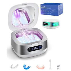 Voraiya Portable Ultrasonic Retainer Cleaner 4000mAh Rechargeable IPX6 Waterproof Retainer Cleaner Machine For Mouth Guard,Night Guard,Aligner,Small Denture Cleaning Pod For Teenagers,Adults,Travel (White Sliver)