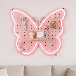 Butterfly Neon Wall Organizer, Pink Peg Board, 17.5 x 12.1 in