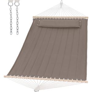 SUNCREAT Double Quilted Hammock with Hardwood Spreader Bar, Extra Large Soft Pillow, Heavy Duty 2 Person Hammock for Indoor, Outdoor, Brown
