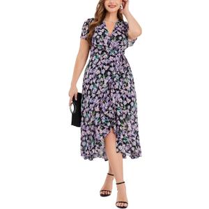 EYWOL Plus Size Wedding Guest Dress for Women, Floral Chiffon Midi Wrap Dress, Flutter Sleeve High Waist Flowy Summer Dresses (Black)