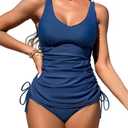 ZAFUL Women's 2 Pieces Tankini Swimsuits V Neck Tummy Control High Waisted Bikini Swimsuits Large