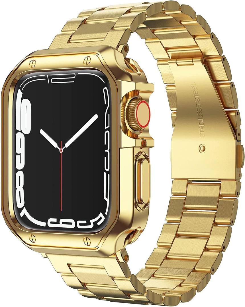 Compatible with Apple Watch Band and Case, Stainless Steel Metal Chain with TPU Cover, Smart-Watch Link Bracelet Strap, Wrist-Band for i-Watch Series 9 8 7 6 5 4 3 2 1 SE, 45mm 44mm 42mm, Gold