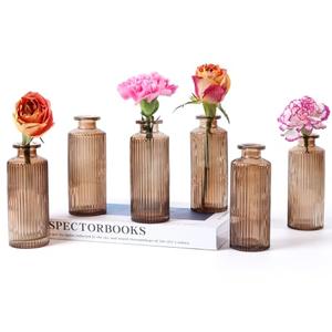 BIGIVACA Set of 6 Glass Bud Vases in Bulk,Small Amber Bud Vases,Vintage Flower Vases for Centerpieces,Rustic Wedding,Home,Table Decor (Amber 2)